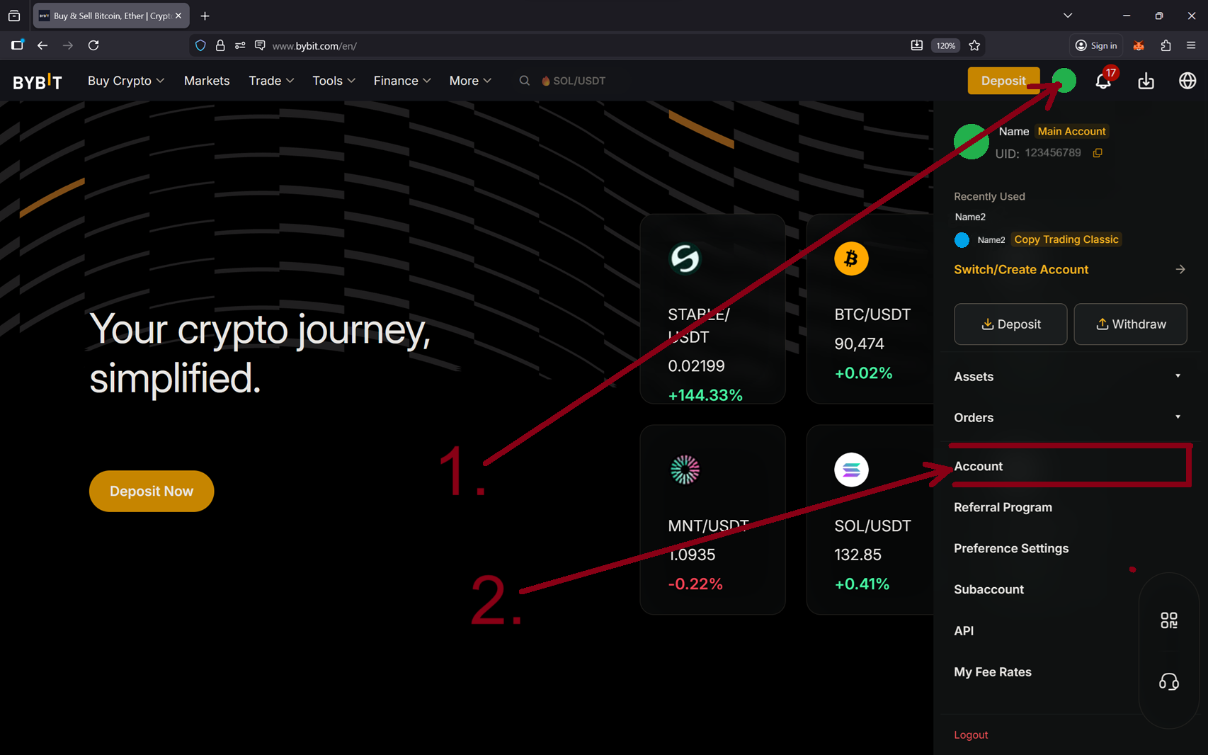 Bybit profile menu showing Account & Security option