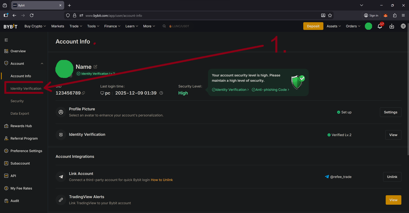 Bybit Account & Security page with Identity Verification option highlighted