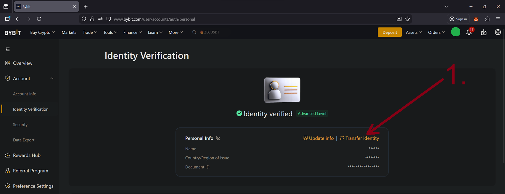 Identity Transfer button location on Bybit verification page